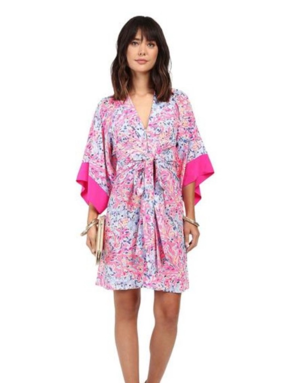 NWT Lilly Pulitzer Kimora Silk Pink Floral Kimono with Hot Pink Cuffs